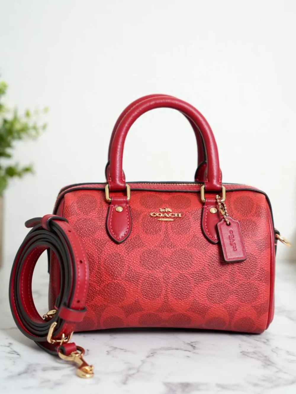 Coach CEY63 Mini Rowan Crossbody Bag In Signature Canvas Gold/Crimson NWT